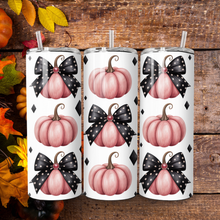 Load image into Gallery viewer, Pink Pumpkin Bow Sublimated Tumbler – 20 oz or 30 oz | Double-Wall Insulated Stainless Steel Travel Mug