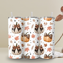 Load image into Gallery viewer, Pumpkin Bow Sublimated Tumbler – 20 oz or 30 oz | Double-Wall Insulated Stainless Steel Travel Mug