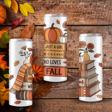 Load image into Gallery viewer, Just a Girl Who Loves Fall and Books Sublimated Tumbler – 20 oz or 30 oz | Double-Wall Insulated Stainless Tumbler