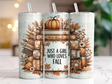 Load image into Gallery viewer, Just a Girl Who Loves Fall Book Stack Sublimated Tumbler – 20 oz or 30 oz | Double-Wall Insulated Stainless Steel Travel Mug