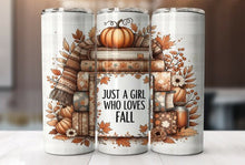 Load image into Gallery viewer, Just a Girl Who Loves Fall Book Stack Sublimated Tumbler – 20 oz or 30 oz | Double-Wall Insulated Stainless Steel Travel Mug