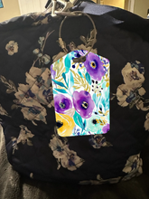Load image into Gallery viewer, Purple and Teal Floral Rectangle luggage tag w/steel cable ring