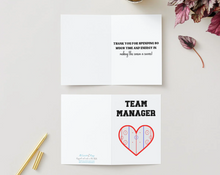 Load image into Gallery viewer, Hockey Team Manager Thank You Card White Heart Ice Rink with Red boarder