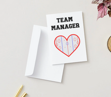 Load image into Gallery viewer, Hockey Team Manager Thank You Card White Heart Ice Rink with Red boarder