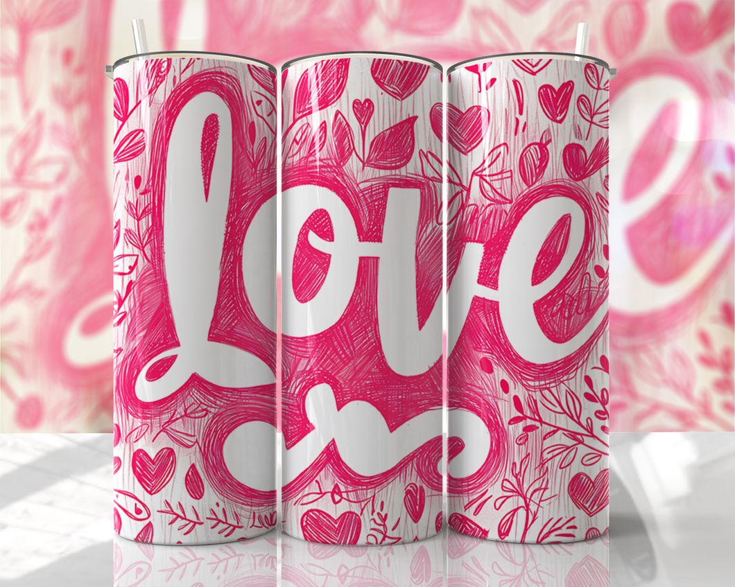 Pink hearts and the word LOVE large with white background Tumbler