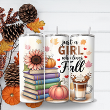 Load image into Gallery viewer, Three insulated tumblers with clear straws displayed side by side on a white wood plank background, decorated with autumn and school-themed illustrations including pumpkins, books, a sunflower, fall leaves, hearts, and the phrase 'just a GIRL who loves Fall'.
