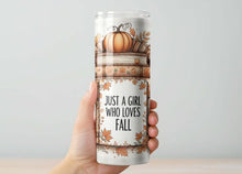 Load image into Gallery viewer, Just a Girl Who Loves Fall Book Stack Sublimated Tumbler – 20 oz or 30 oz | Double-Wall Insulated Stainless Steel Travel Mug
