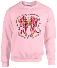 Load image into Gallery viewer, Valentine&#39;s Day Worthy Loved Blessed Cross Bow Sweatshirt - Adult
