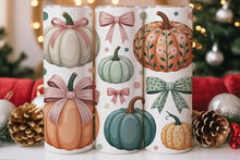 Load image into Gallery viewer, Pastel Pumpkin Bow Sublimated Tumbler – 20 oz or 30 oz | Double-Wall Insulated Stainless Steel Travel Mug
