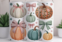 Load image into Gallery viewer, Pastel Pumpkin Bow Sublimated Tumbler – 20 oz or 30 oz | Double-Wall Insulated Stainless Steel Travel Mug
