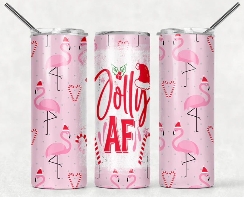 Jolley AF with pink flamingos Christmas Tumbler